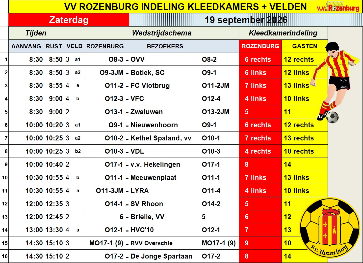 Veld- en kleedkamer indeling, zaterdag19 september 2026
